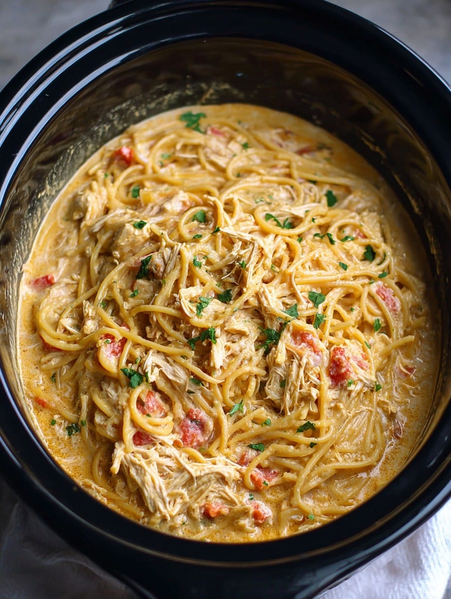 Irresistible Crock Pot Cheesy Chicken Spaghetti Dinner