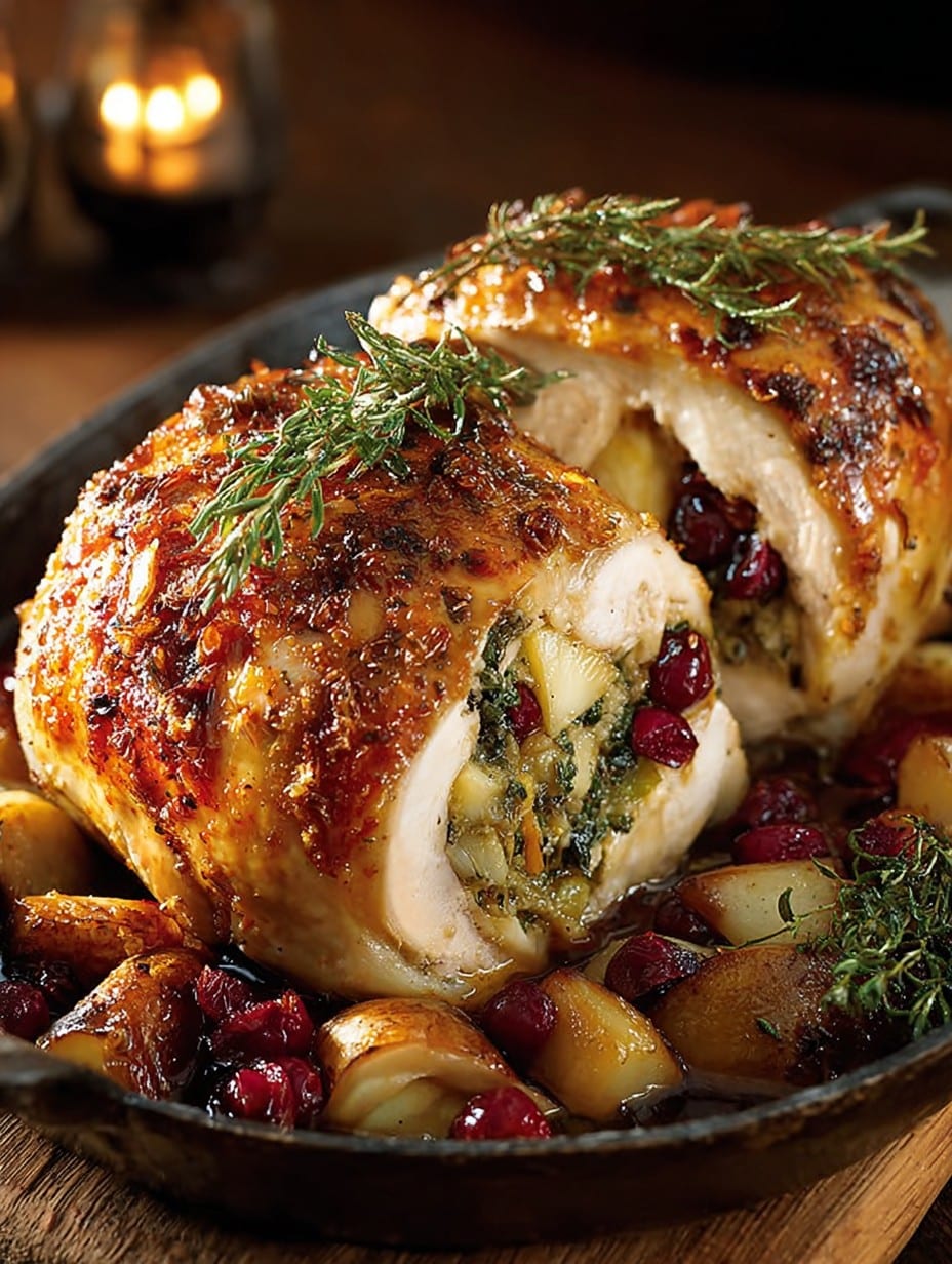 Stuffed Roast Chicken with Cranberries and Apples