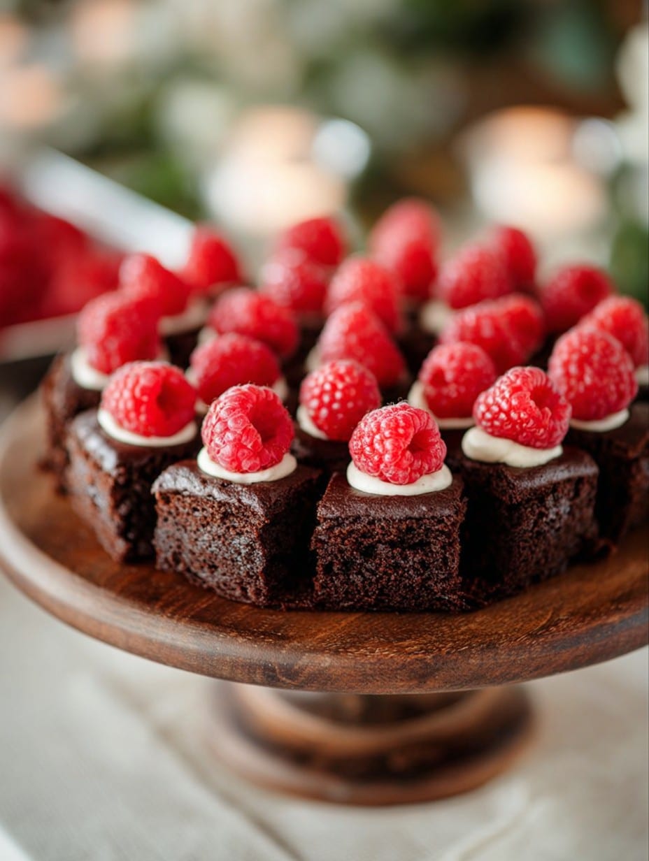 chocolate cake with raspberries on top for party food