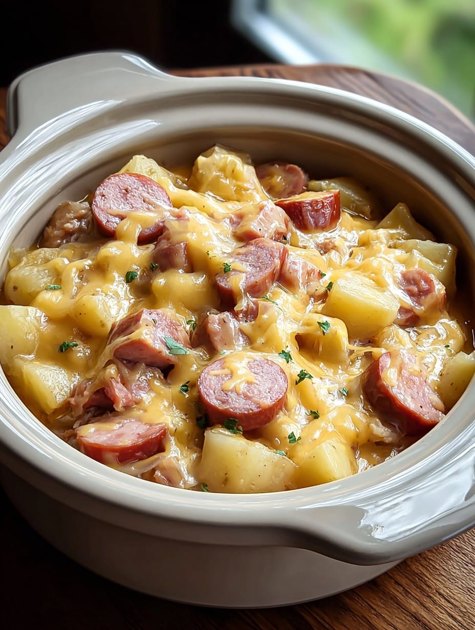 Crockpot Cheesy Potatoes and Kielbasa