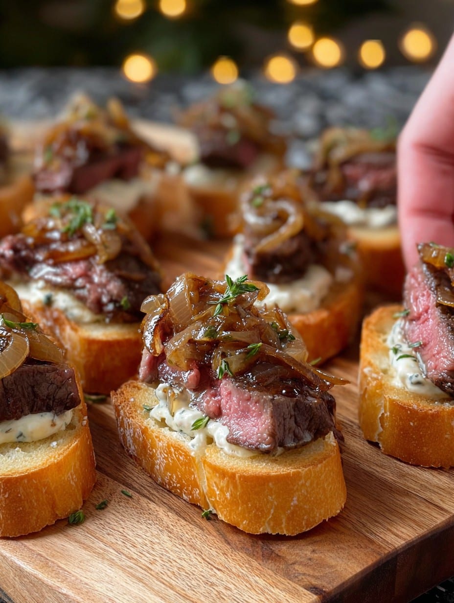Steak Crostini with Horseradish Sauce & Caramelized Onions Holiday Appetizer