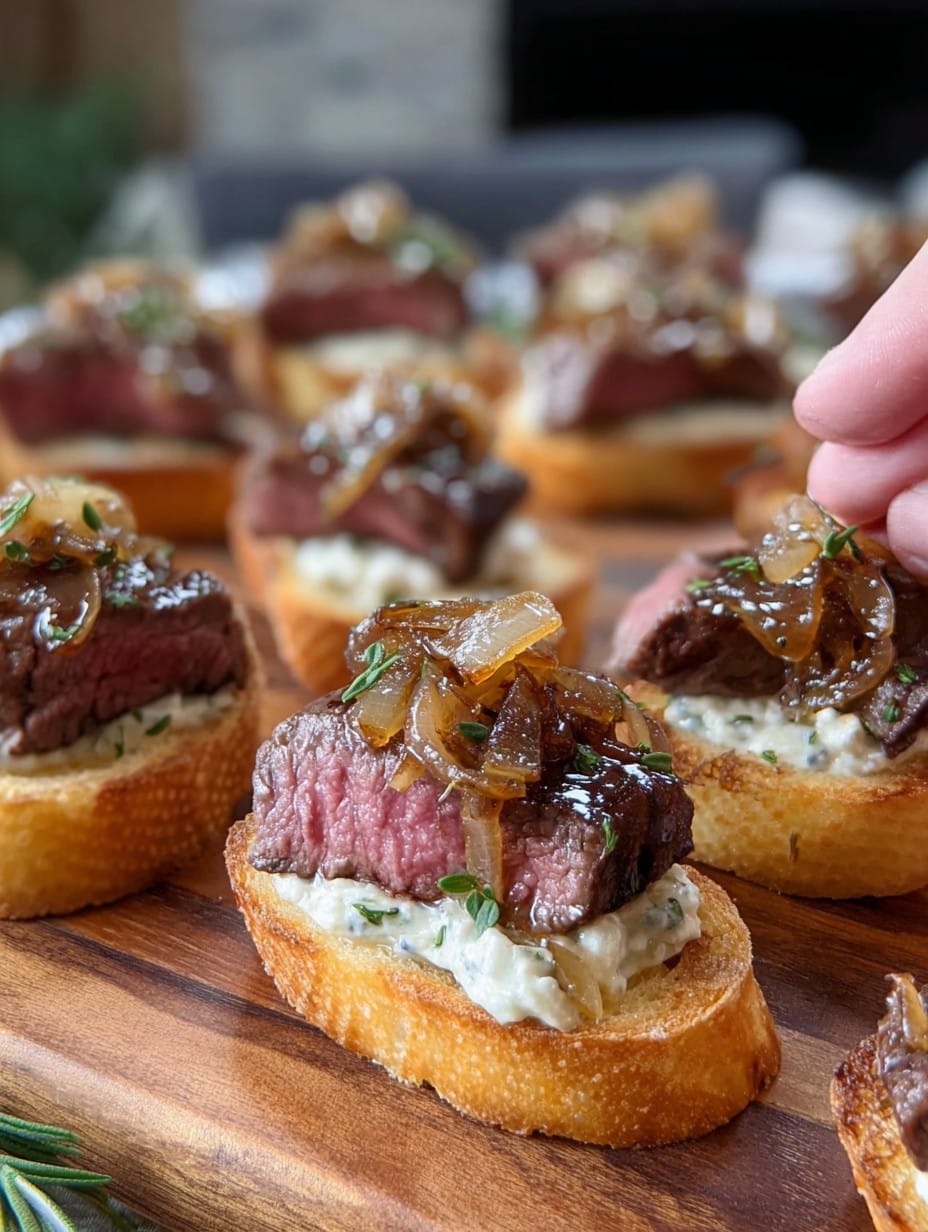 Steak Crostini with Horseradish Sauce & Caramelized Onions Holiday Appetizer
