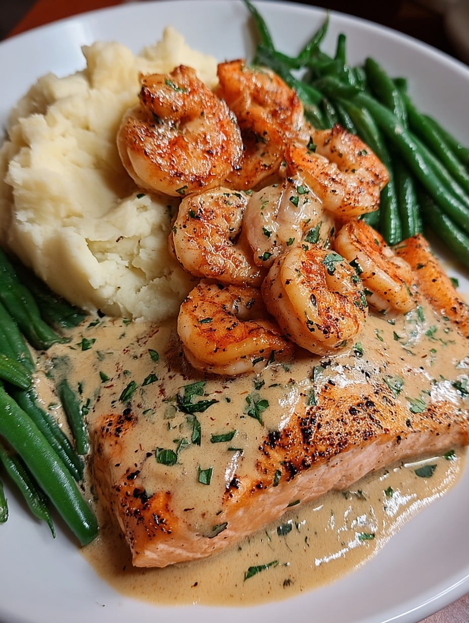 Cajun Shrimp and Salmon with Garlic Cream Sauce, Mashed Potatoes, and Green Beans