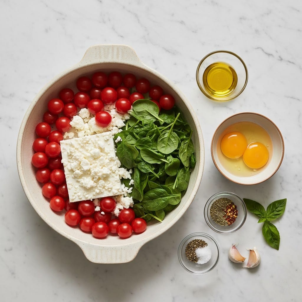 Baked Feta Eggs with Tomatoes and Spinach