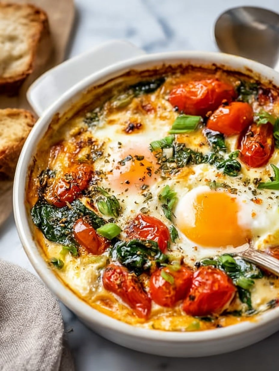 Baked Feta Eggs with Tomatoes and Spinach