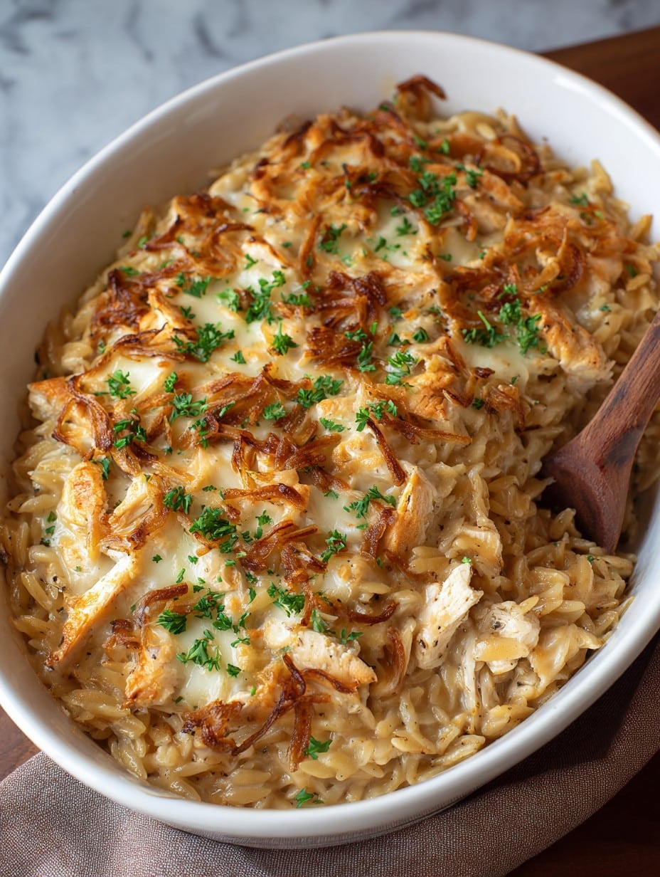 Easy French Onion Chicken Orzo Casserole