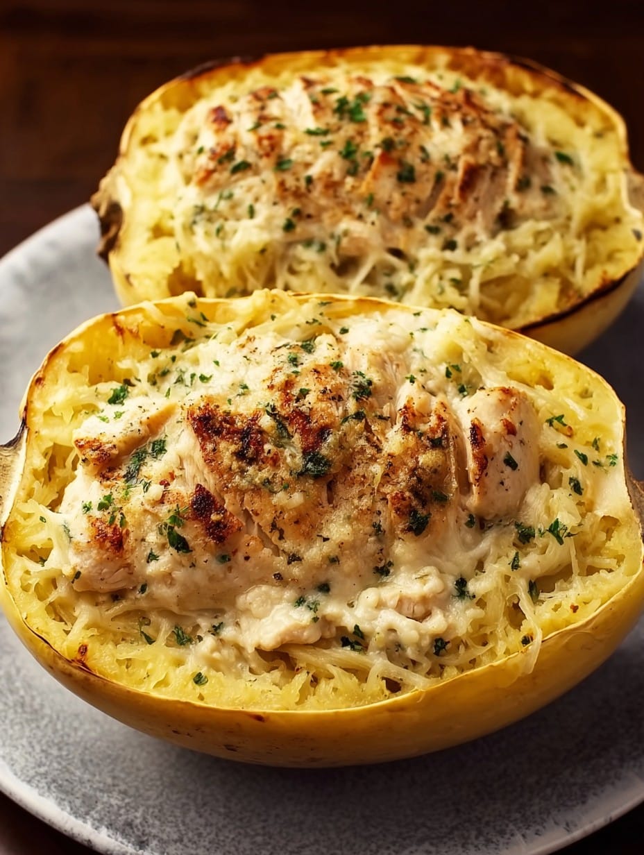 High Protein Chicken Alfredo Spaghetti Squash