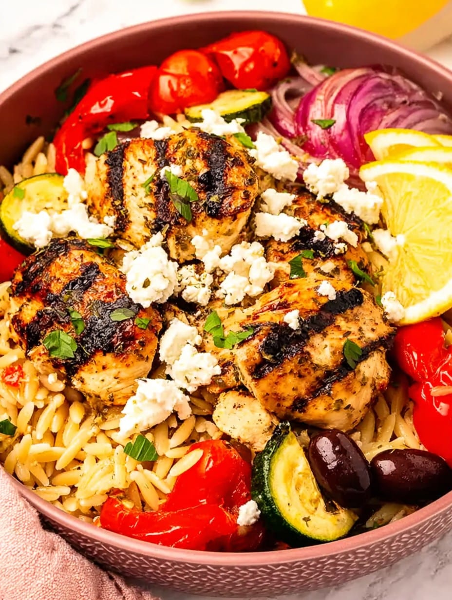 High Protein Greek Chicken Orzo with Roasted Veg