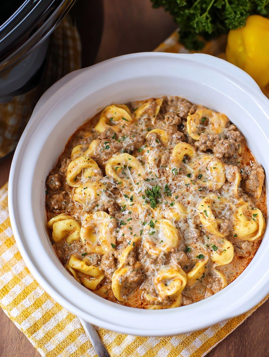Crockpot Creamy Ground Beef Tortellini