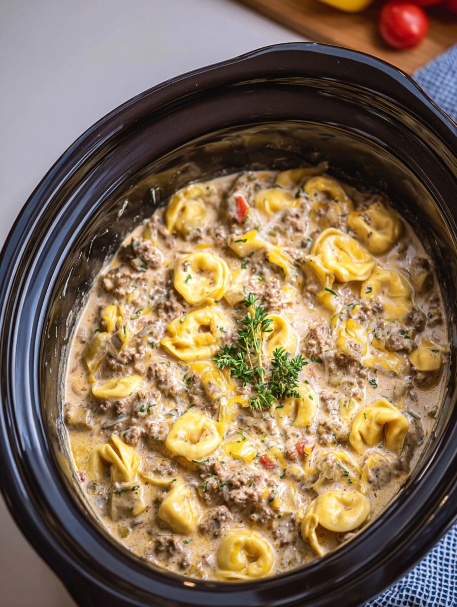 Crockpot Creamy Ground Beef Tortellini