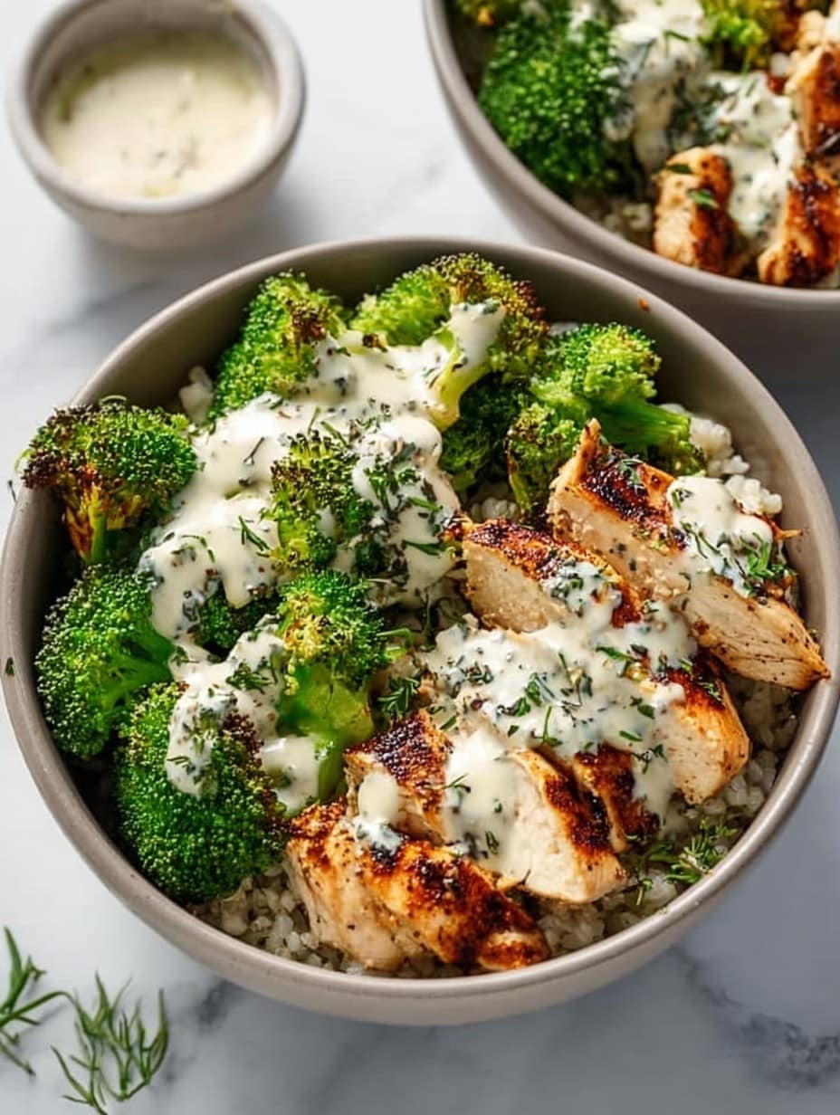 Healthy Grilled Chicken Broccoli Bowls with Creamy Garlic Sauce