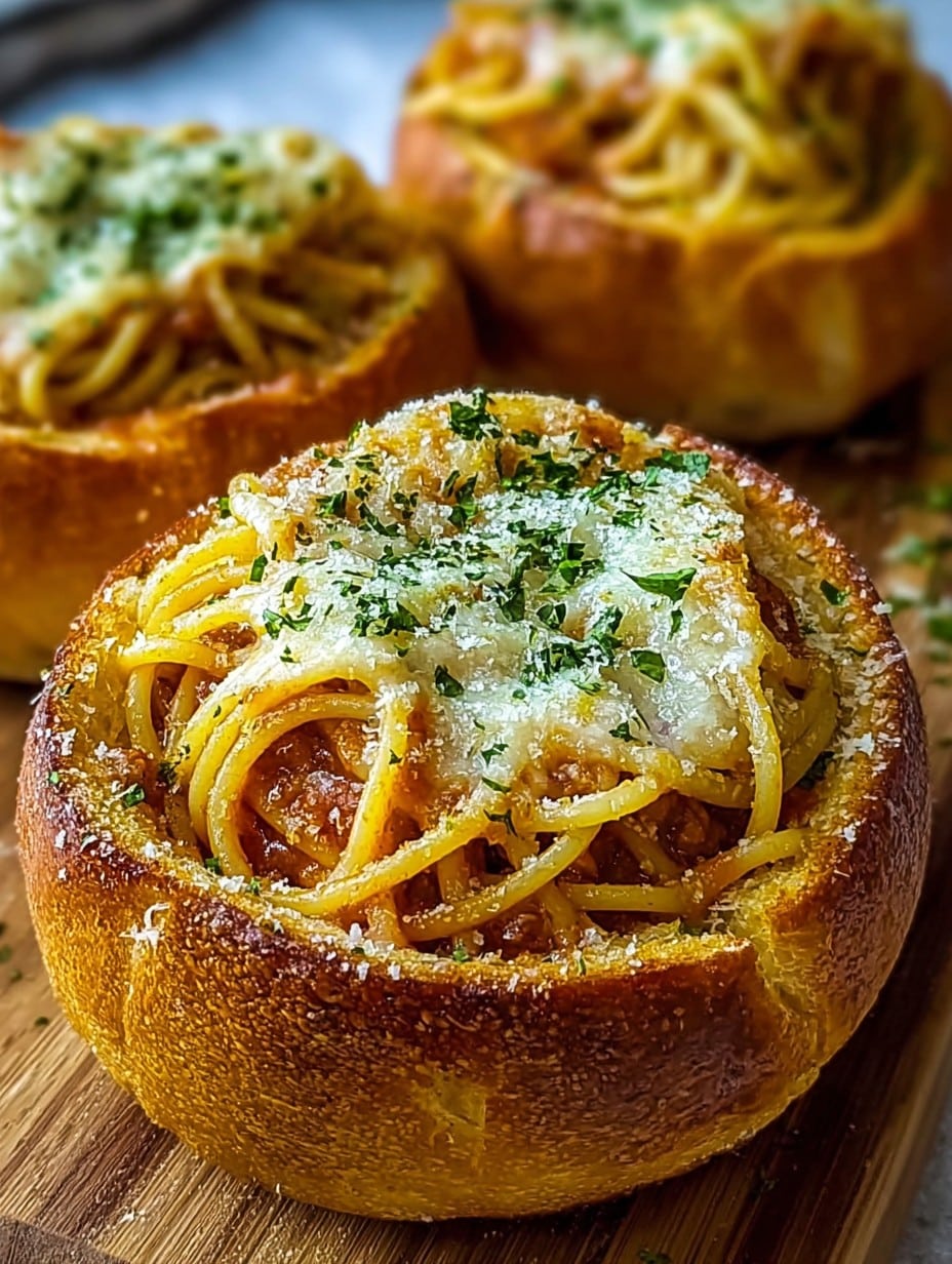 Spaghetti Garlic Bread Bowls