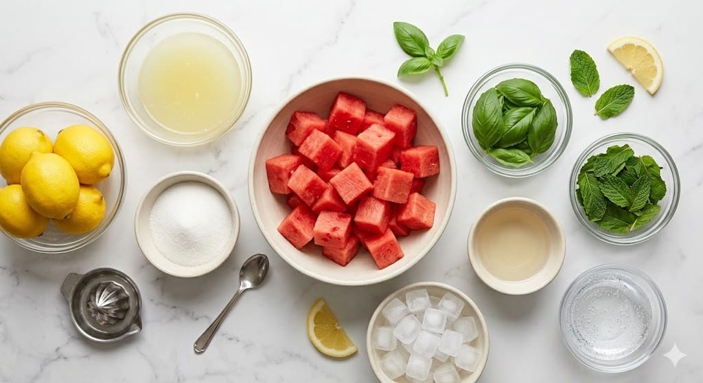 Watermelon Lemonade with Basil and Mint